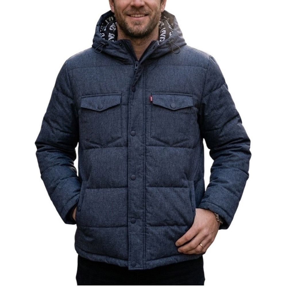 Levis Mens Hooded Puffer Jacket Blue Denim Look Quilted Insulated Coat Medium